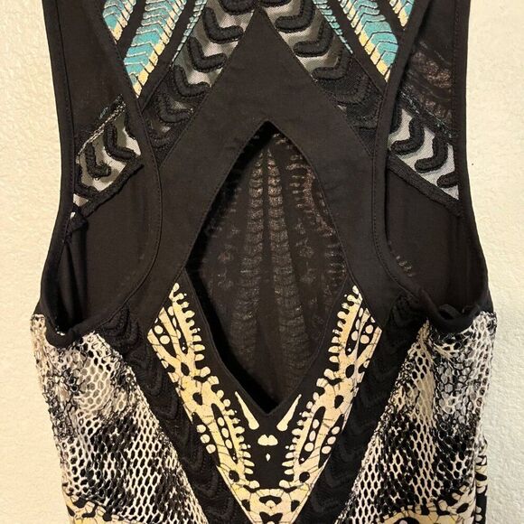 Womens Free People Out Of Africa Black Bodycon Dress XS Tribal Mesh Cutout Batik - Picture 9 of 10